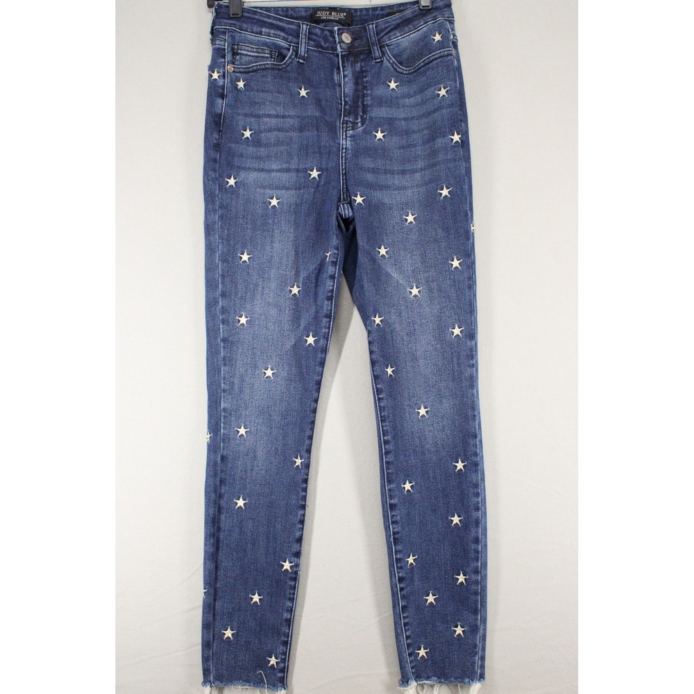Judy Blue Star Embroidered Skinny Jeans Blue Denim Raw Hem High Rise Size 5 27